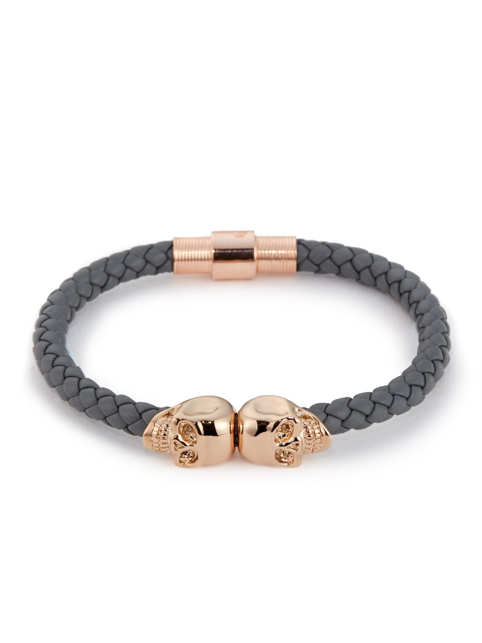 Steel Grey Nappa Leather / Rose Gold Twin Skull Bracelet