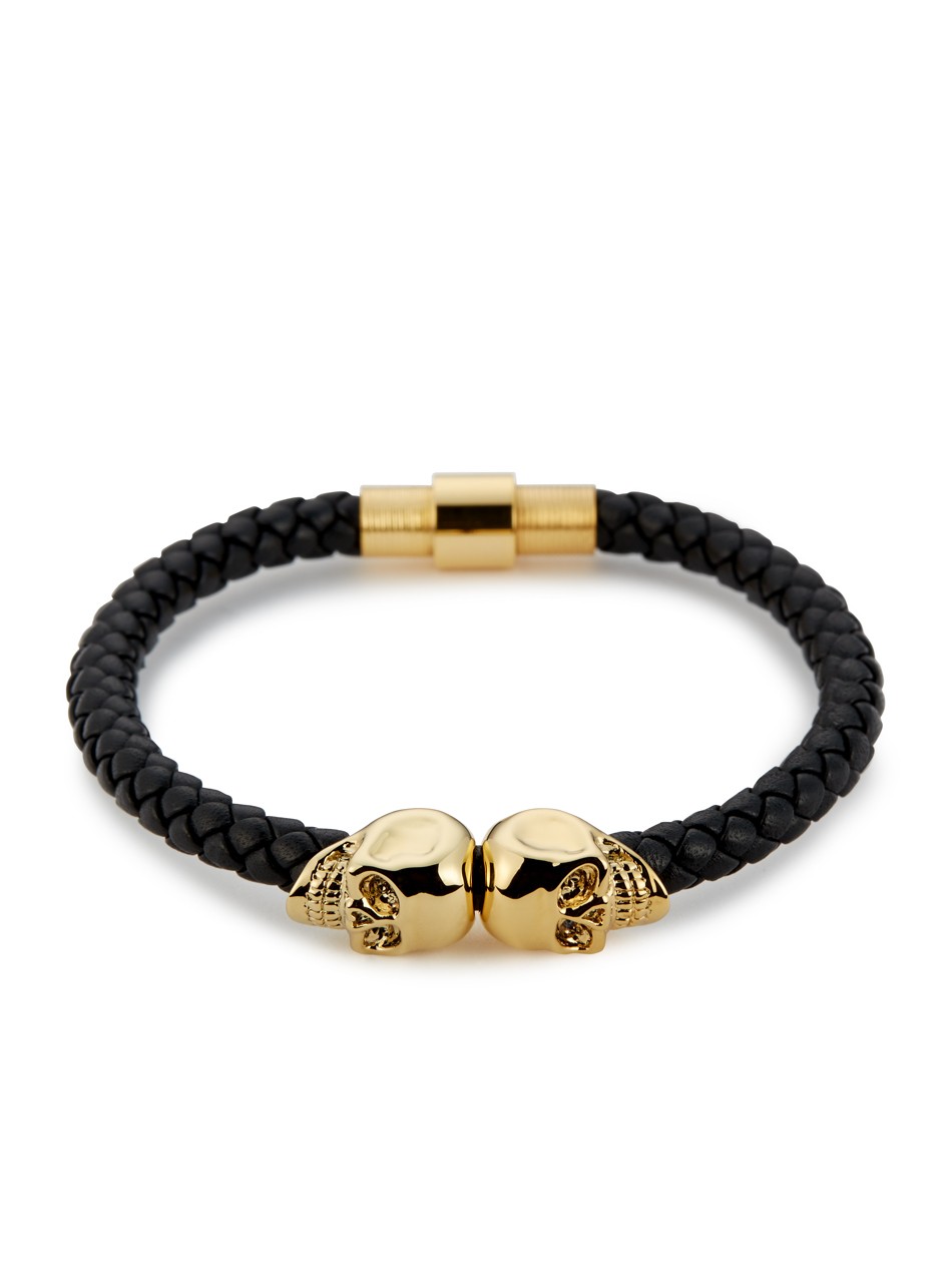 Black Nappa Leather / Gold Twin Skull Bracelet