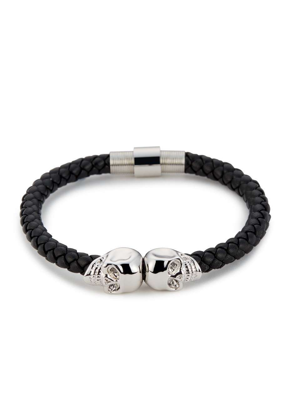 Black Nappa Leather / Silver Twin Skull Bracelet