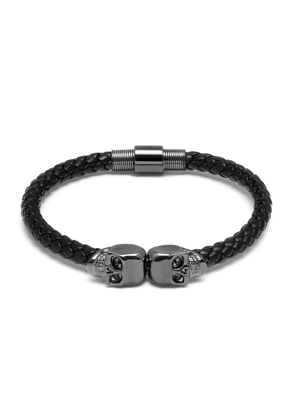 Box B43 Details about   Mens Stainless Steel Twin Skull Braided Black Genuine Leather Bracelet