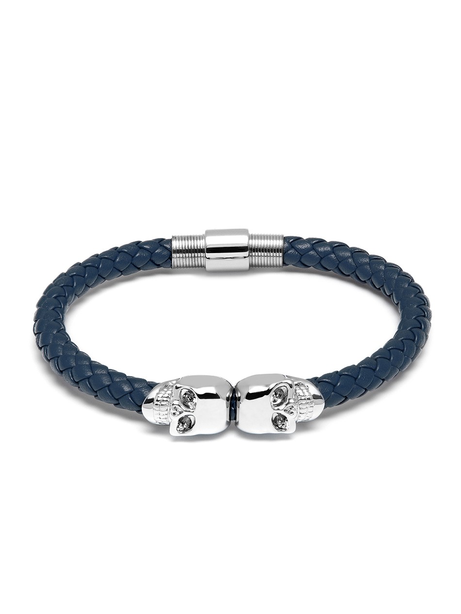 Denim Blue Nappa Leather / Silver Twin Skull Bracelet