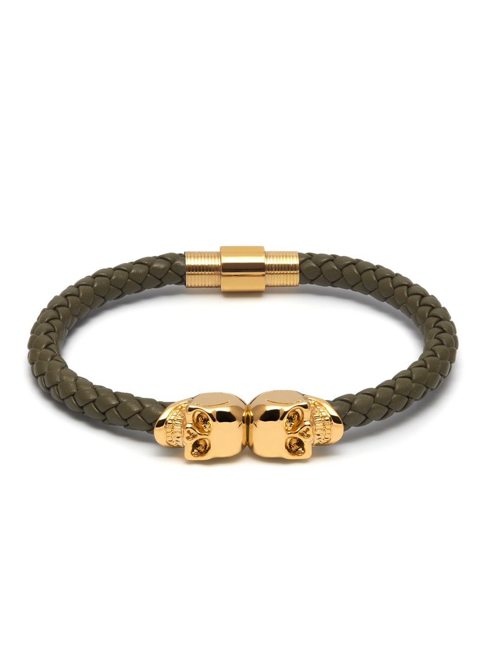 Army Green Nappa Leather / Gold Twin Skull Bracelet