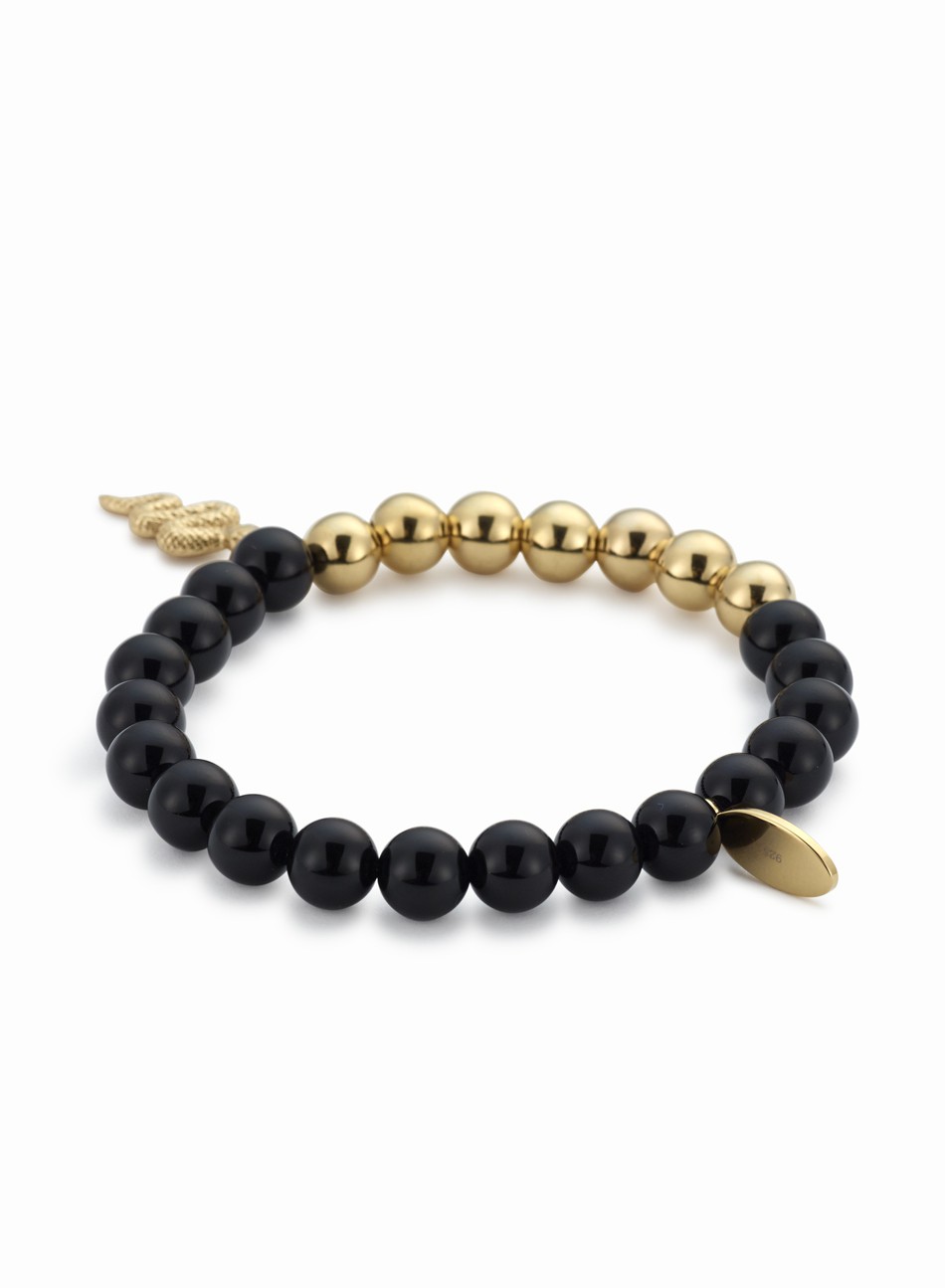 Black Onyx & Gold Snake Charm Bracelet