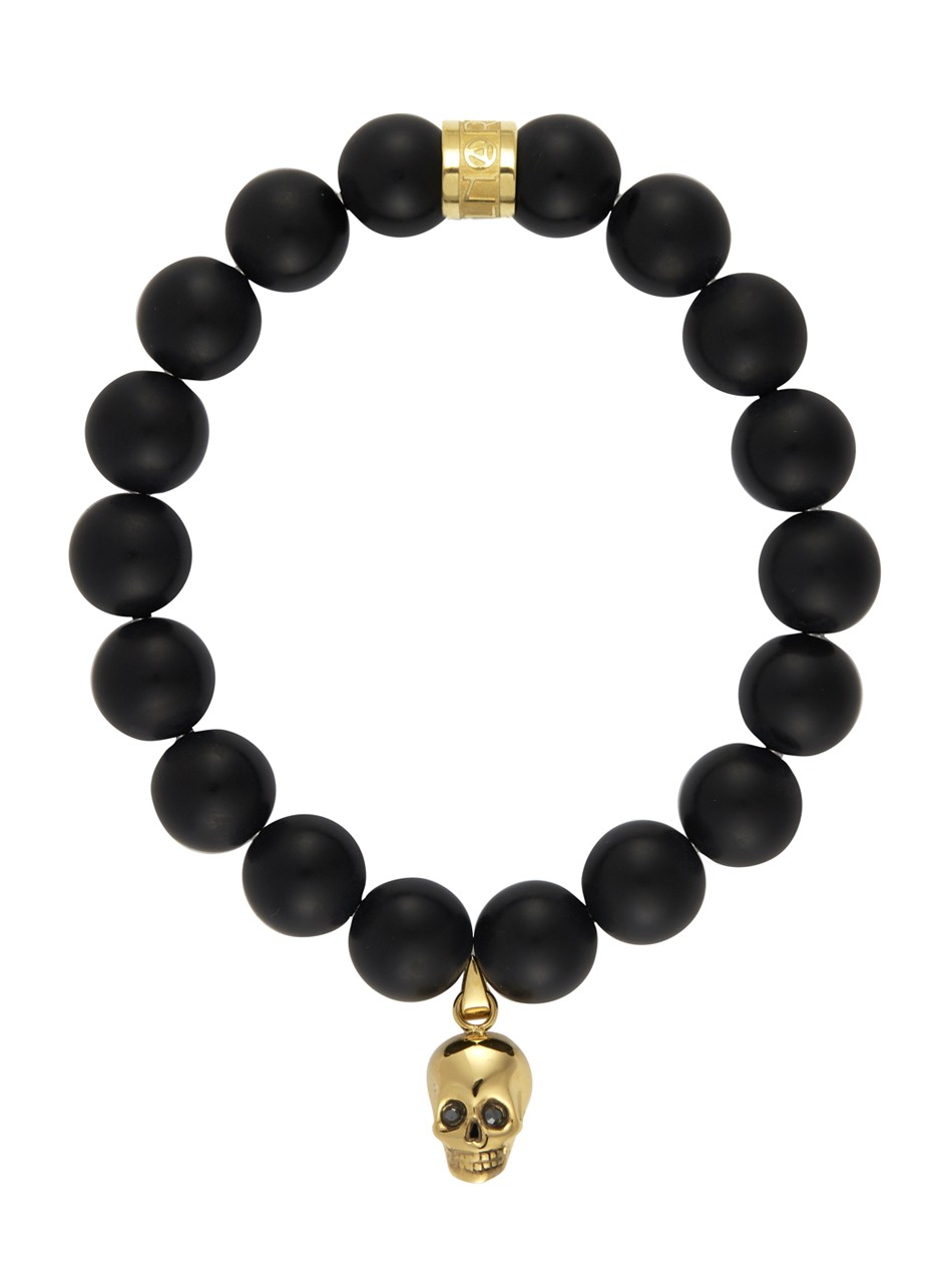 Black Onyx Charm Bracelet, Gold Skull & Swarovski Crystal Charm