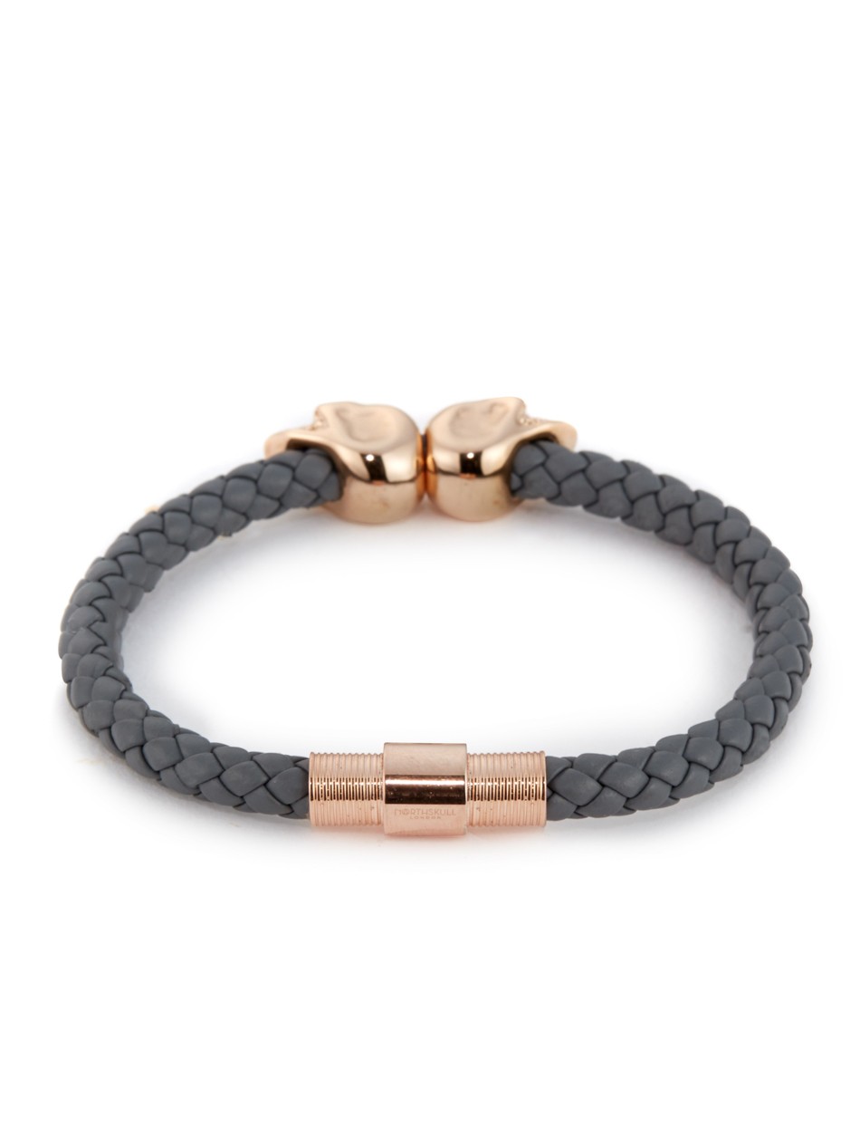 Nappa Grey Leather Bracelet with 18kt. Rose Gold Twin Skulls