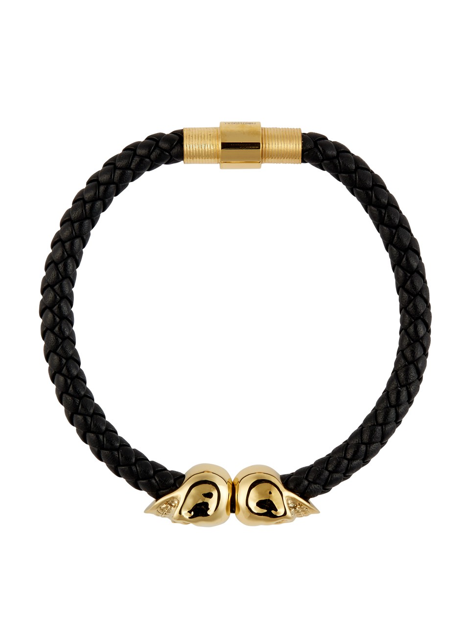 Black Nappa Leather/ 18kt. Gold Twin Skull Bracelet