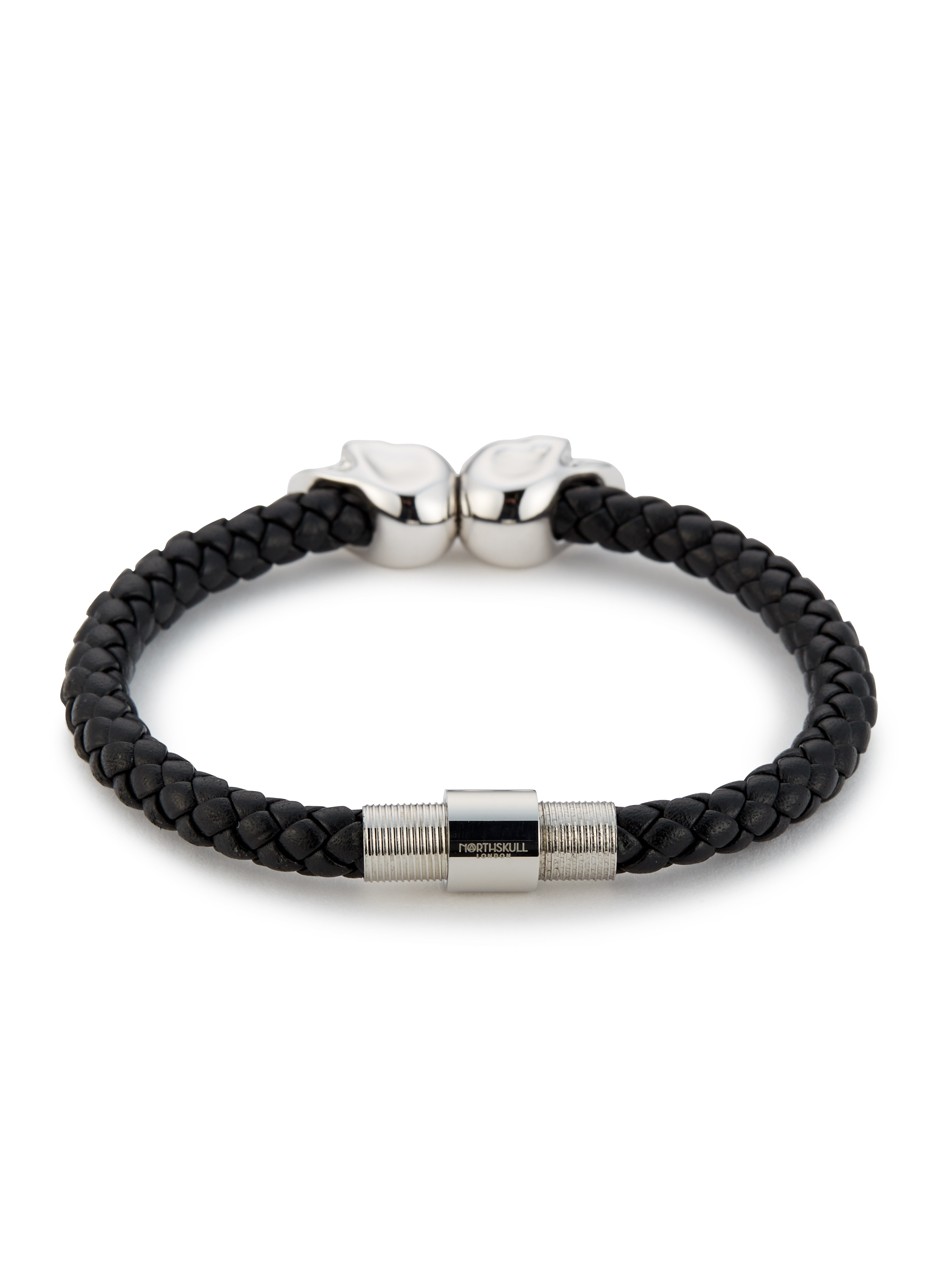 Black Leather Bracelet for Men with Twin Silver Skulls