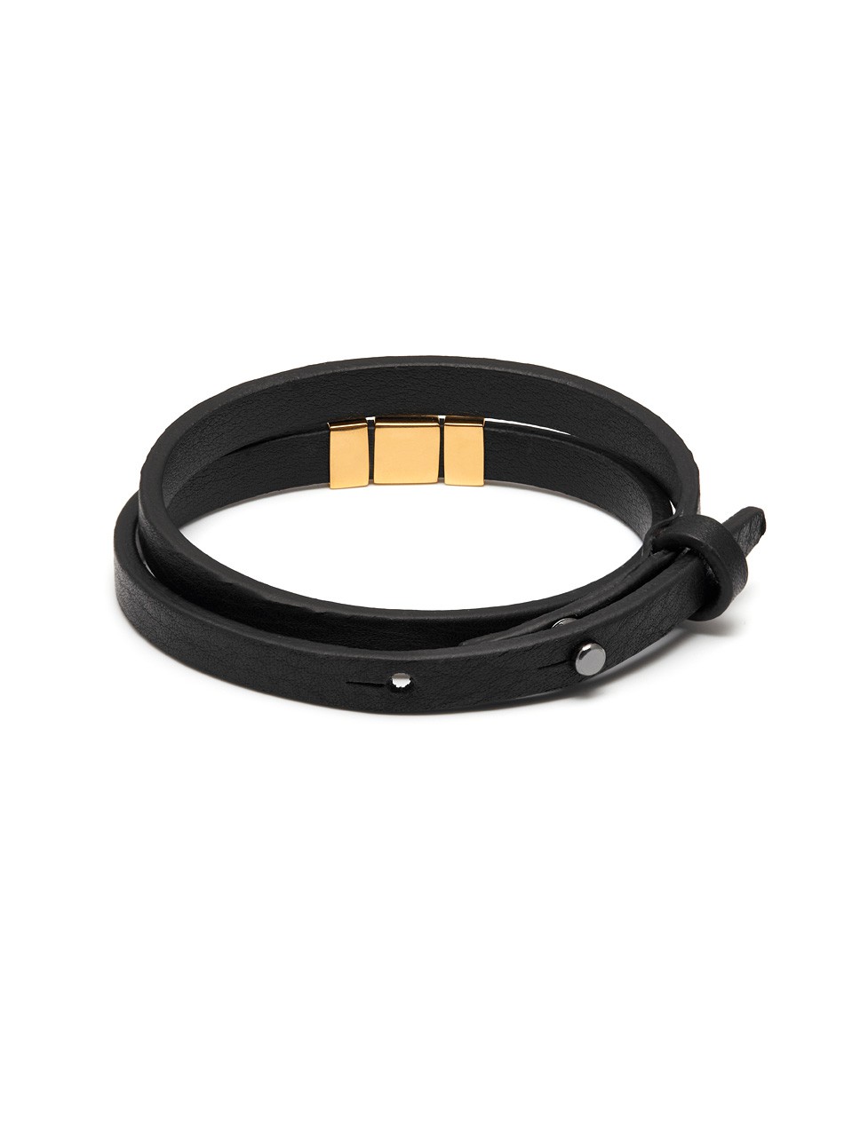 Double Wrap Insignia Bracelet, Black Leather Wrap Bracelet