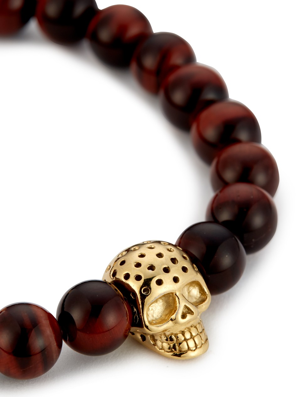 Red Tiger Eye & Perforated Gold Skull Charm Bracelet