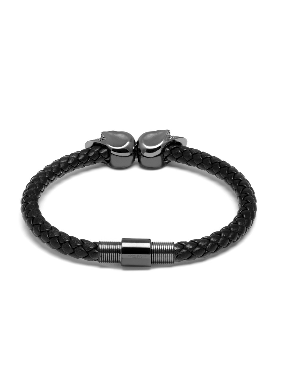 Nappa Black Leather Braided Bracelet with Gunmetal Skulls