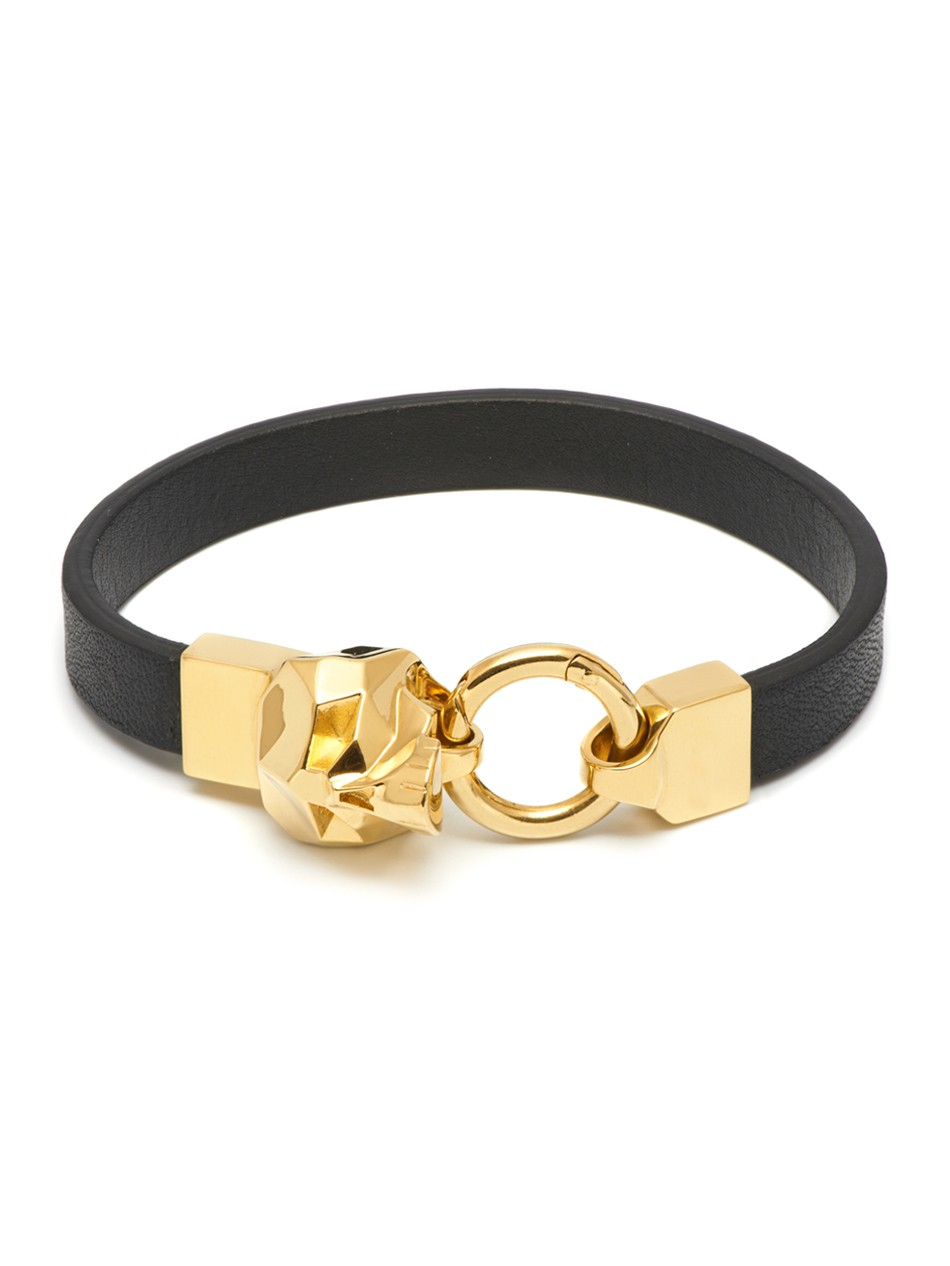 Hexagus Gold Skull & Black Leather Bracelet