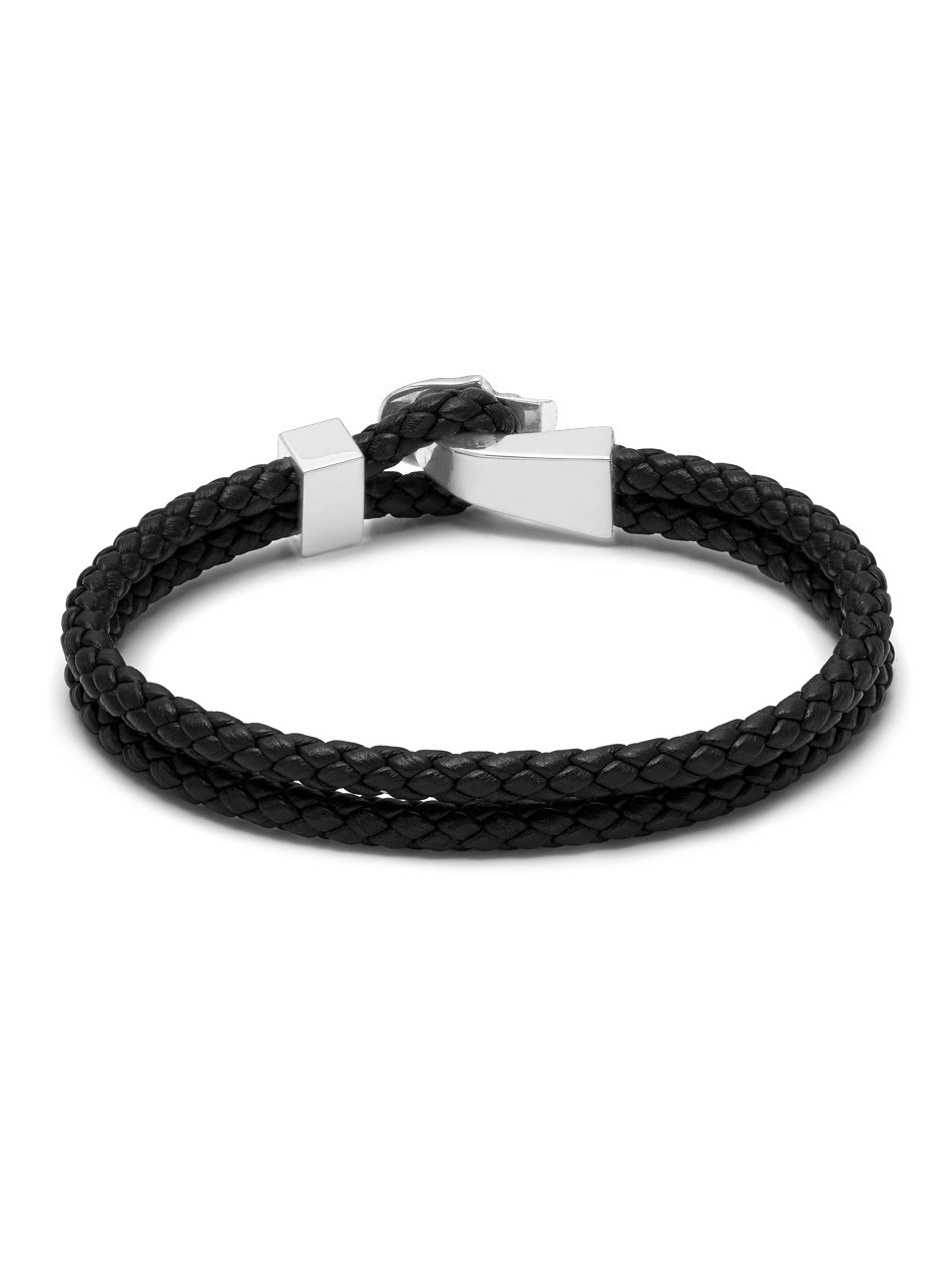 Micro Atticus Skull Hook Leather Bracelet in Black and Silver
