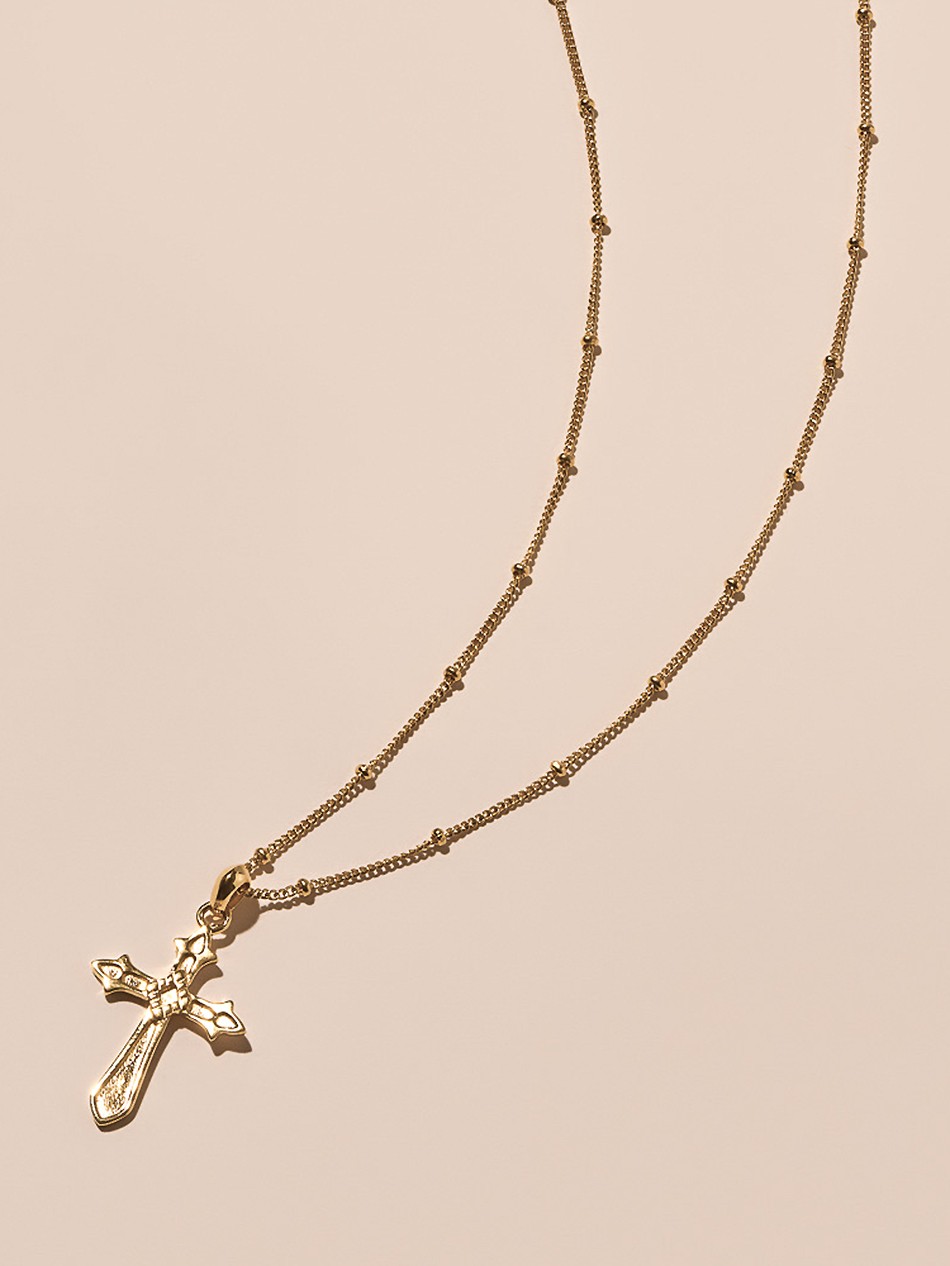 Baroque Cross Beaded Necklace in Gold