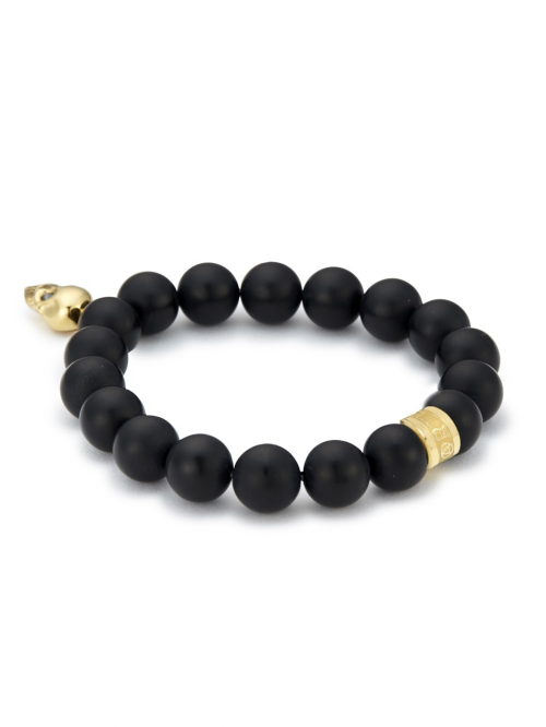 Black Onyx Charm Bracelet, Gold Skull & Swarovski Crystal Charm