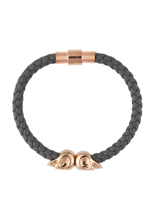 Nappa Grey Leather Bracelet with 18kt. Rose Gold Twin Skulls